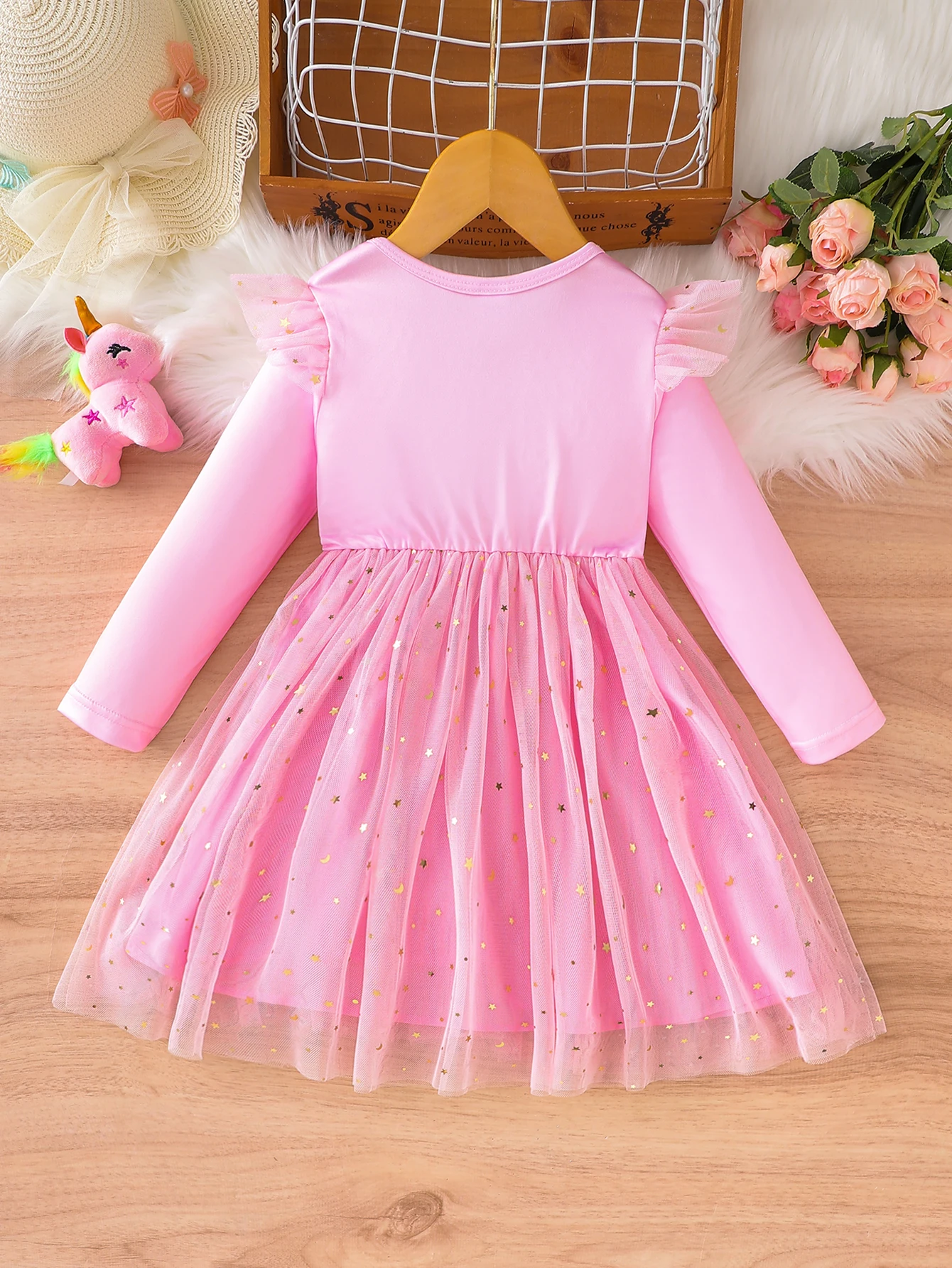 2024 New Spring and Autumn Single piece Pink Long sleeved Cute Unicorn Star Sequin Princess Dress Casual Party