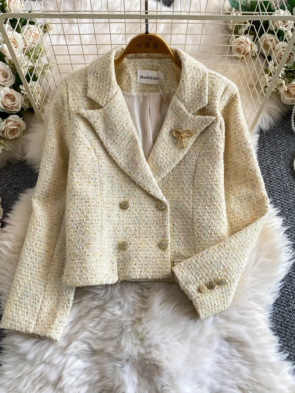  Glittering Heavy Embellished Tweed Suit Jacket Women's Autumn Winter Fashion Metal Buckle Embellished Outerwear