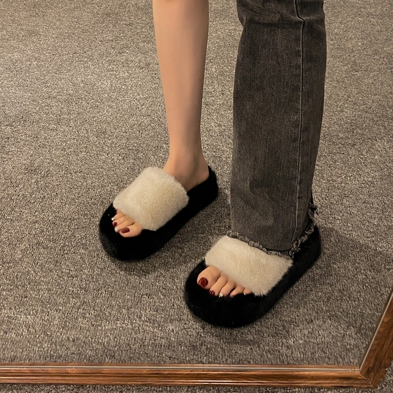 

2024 New Winter Slippers Women's Fashion Fluffy Wool Slippers Household Non-slip Indoor and Outdoor Women's Slippers