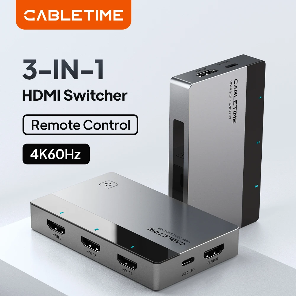 CABLETIME HDMI Switcher 3 in 1 HDMI Splitter 4K 60Hz for Laptop Macbook Xiaomi Mi Box PS5 PS4 HDTV 3 in 1 Output HDMI Switch