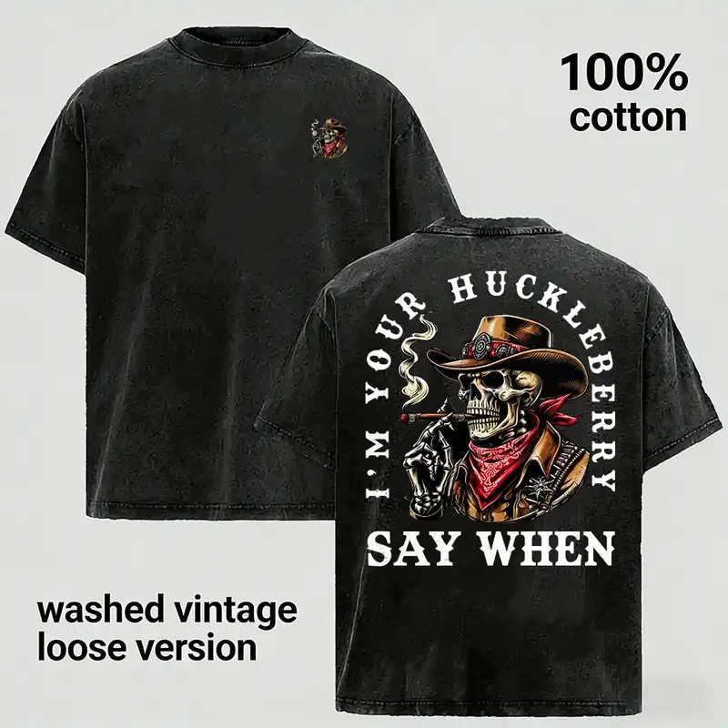 Vintage Acid Wash T Shirt Men Oversized Cotton Tee Streetwear, I'm Your Huckleberry Say When Cowboy Skull Graphic T-Shirt, Western Retro Short Sleeve Tops, Gift for Husband Boyfriend, Light Grey Loose Fit Heavyweight Clothing
