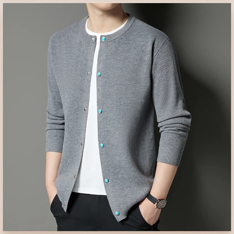 ​ ​ سترة صوفية متماسكة على شكل أناناس للرجال - مزيج من الصوف باللون الرمادي والأسود مفتوح من الأمام |   طبقة خفيفة الوزن لربيع الخريف ​ ​