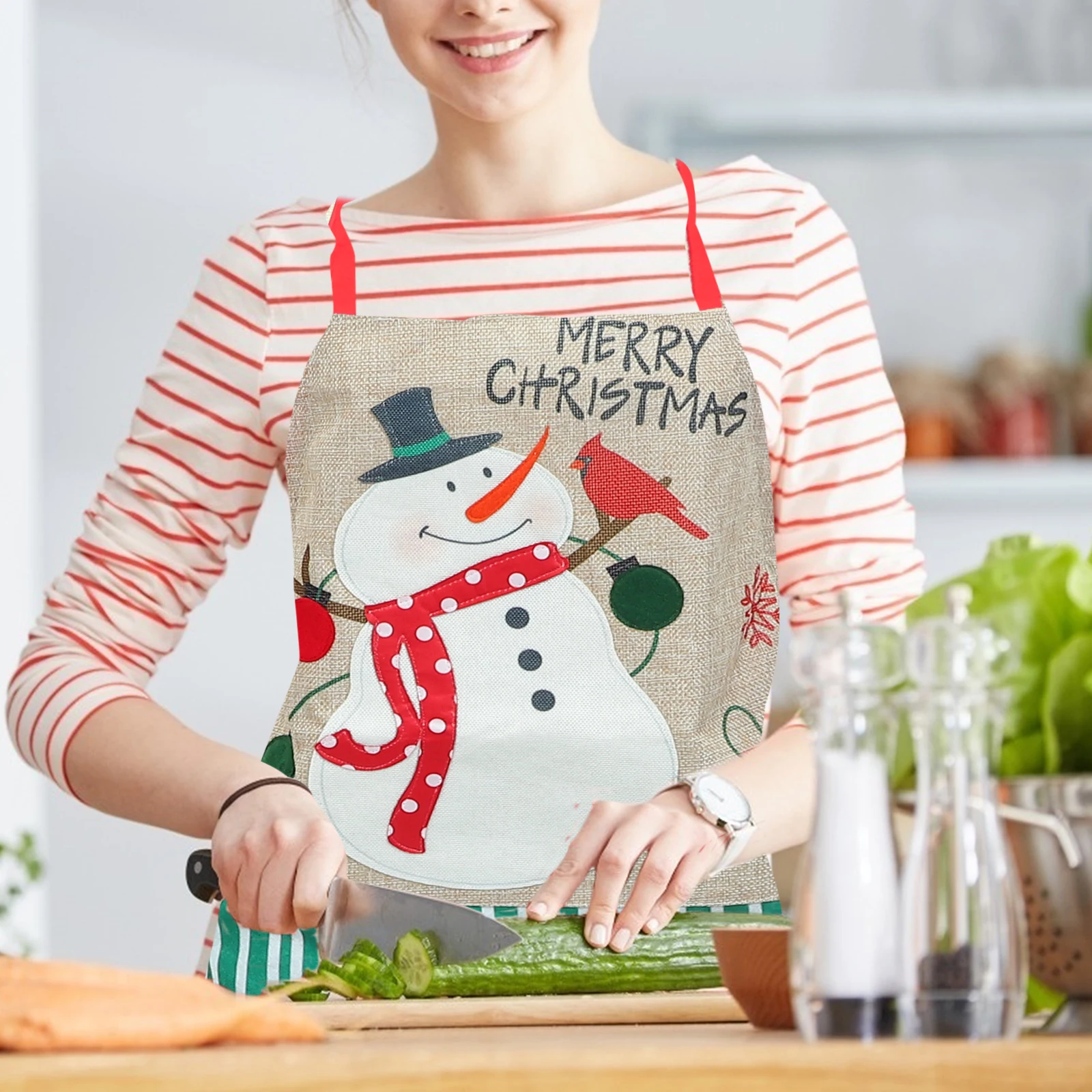 

Snowman Apron Christmas Style Adjustable Waist Fixed Neck Strap Kitchen Cooking Apron Barber Styling Apron