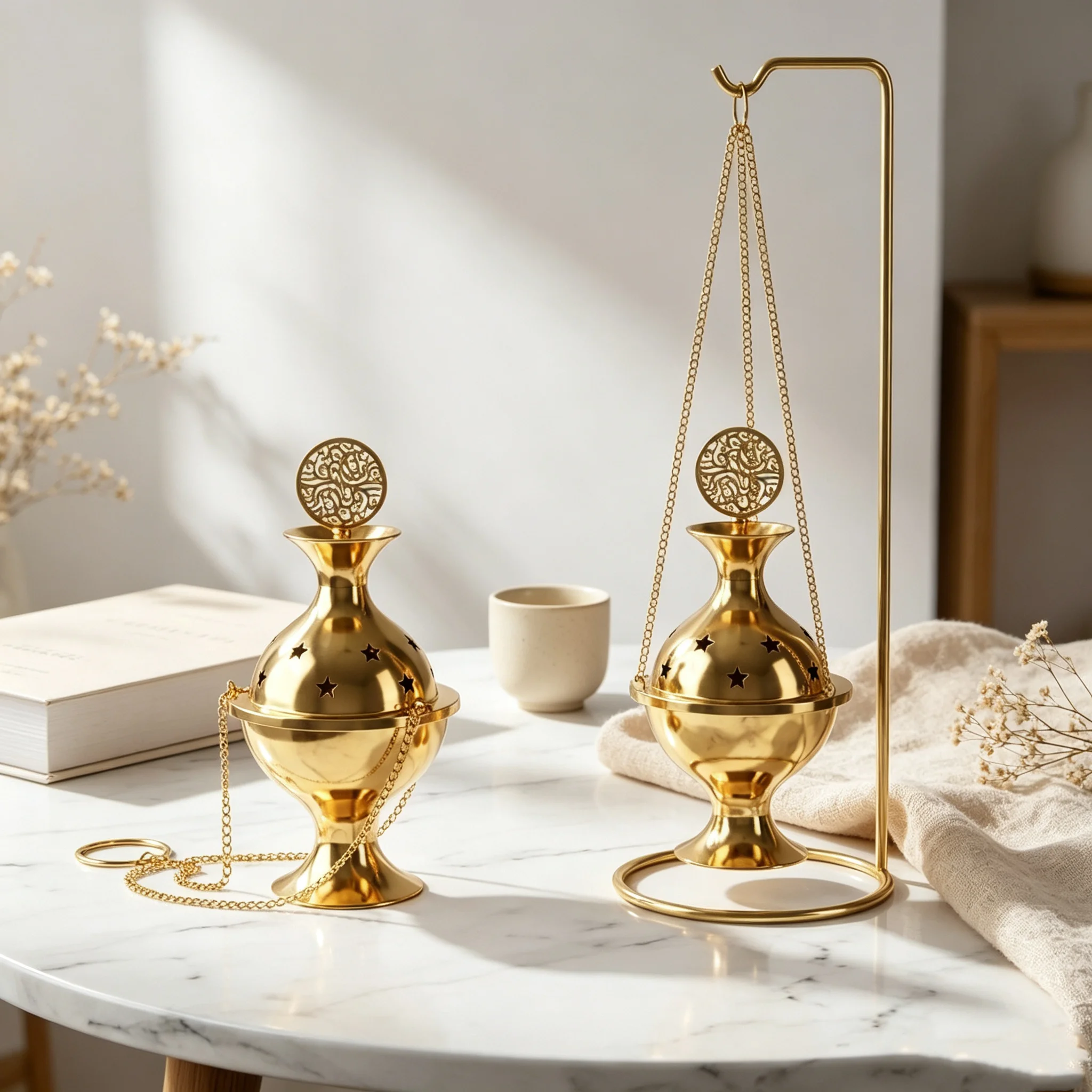 Hanging Metal Incense Burner Gold Hollow Carved Censer, Vintage Aroma Holder for Yoga Meditation Bedroom Table Home Decor