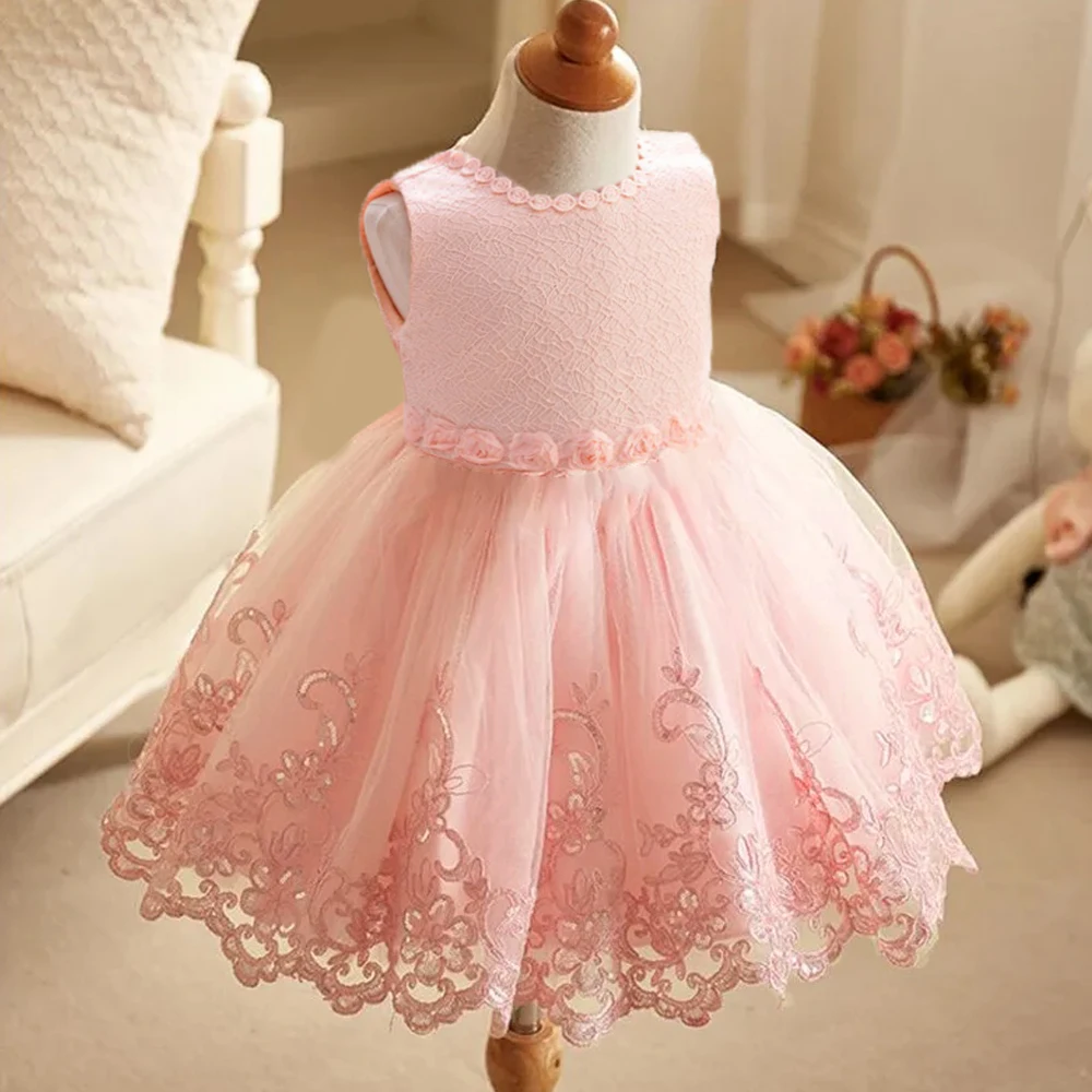 

Flower Girl Wedding Party Dress Toddler Girls 1st Birthday Princess Dresses Kids Pink Embroidery Tutu Gown Baby Pleated Costumes