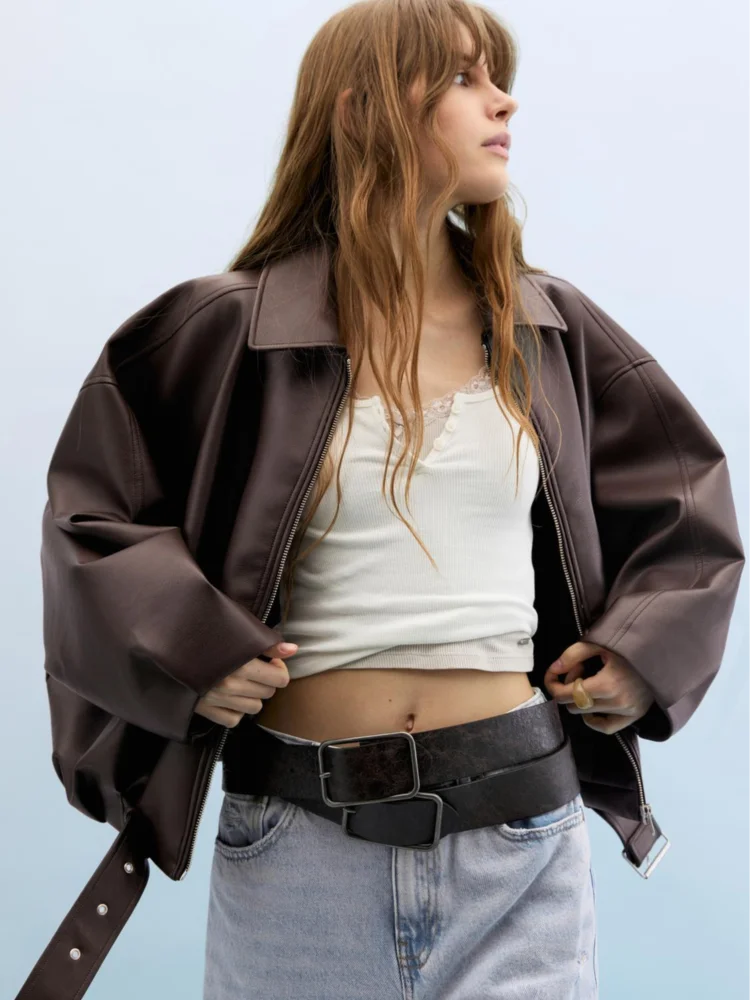 

Womens Leather Jacket Casual Glossy Loose Chic Lapel Zipper Pocket Cropped Long-sleeved Coats 2026 Daily Street Outwear Coat