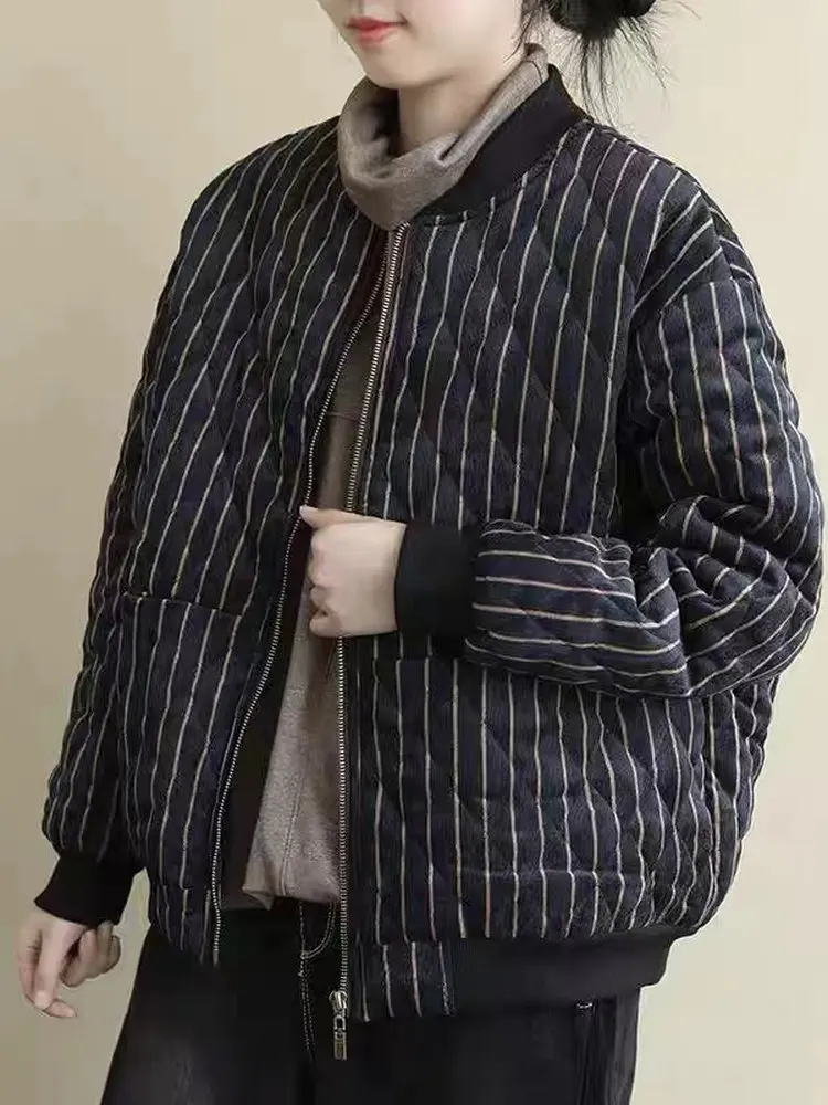 

plus Size Cotton Jaet Long Sve Women's Striped Loose Fit Winter Outerwear Artistic Sle Casual Retro Zipper Closure