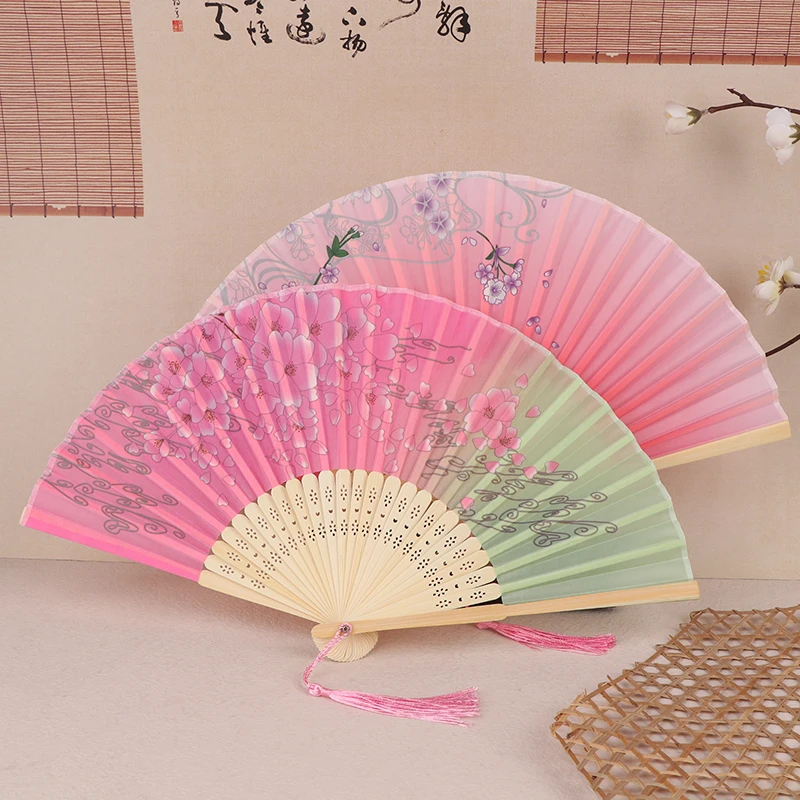 △ Vintage Printed Silk Folding Hand Fan Tassel Chinese Bamboo Fans Women Dance Performance Props Home Decoration Ornaments