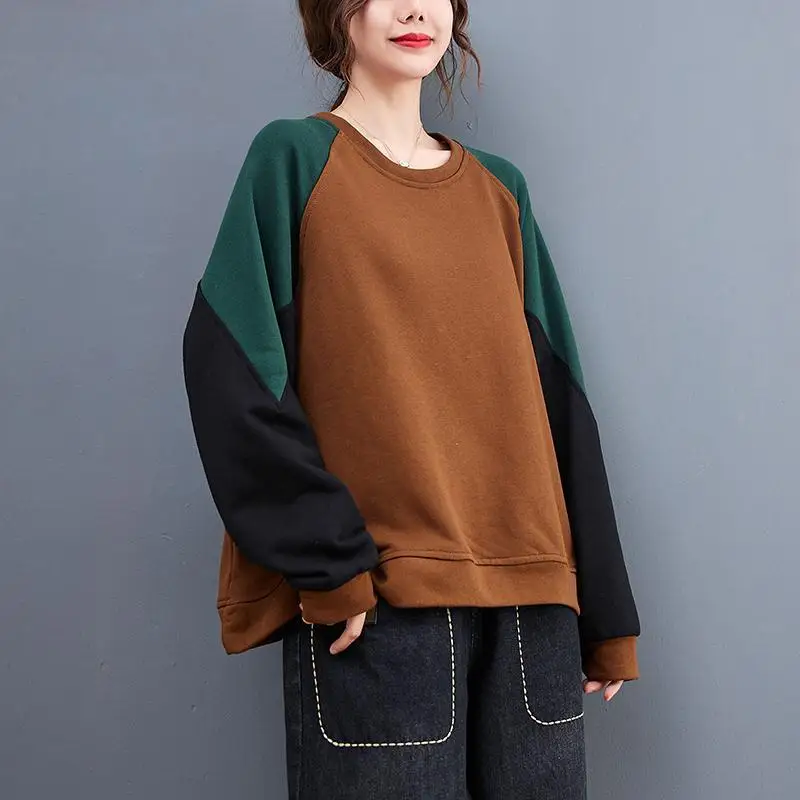 Dames herfst en winter nieuwe retro gesplitste contrasterende kleur lange mouwen ronde hals trui casual top