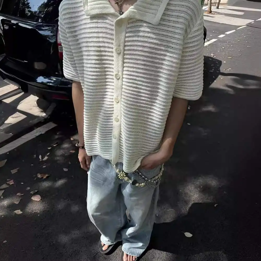 

Новый винтажный вязаный кардиган с отложным воротником, мужской летний свободный крой, тонкий полосатый узор