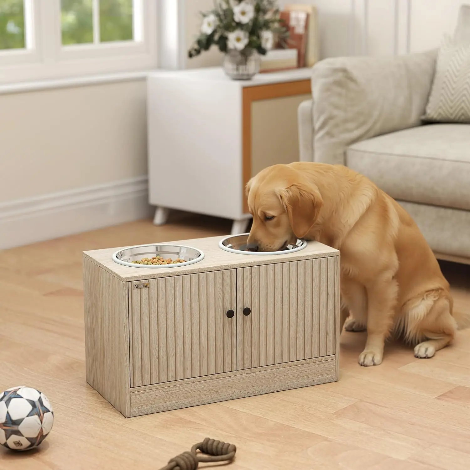 Elevated Dog Bowls with Storage Cabinet, Raised Dog Bowl Stand, Pet Feeding Station with Slow Feeder & Non-Slip, for Large Pets