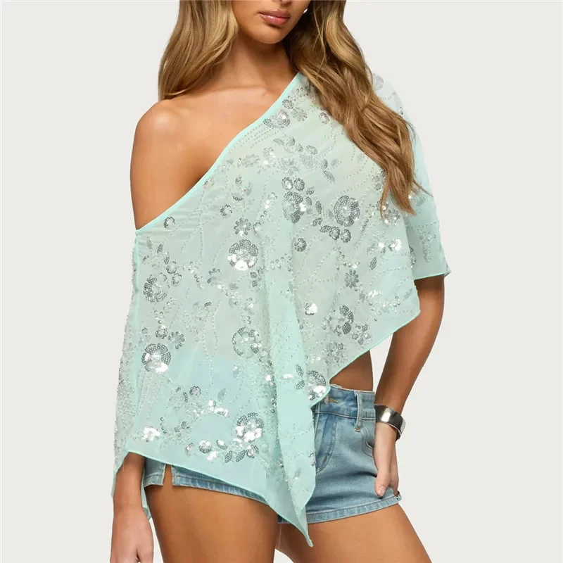 Y2K Sequin Floral One Shoulder Asymmetric Sheer Poncho Top for Women Flowy Batwing Sleeve Semi Sheer Cover Up Shawl Wrap