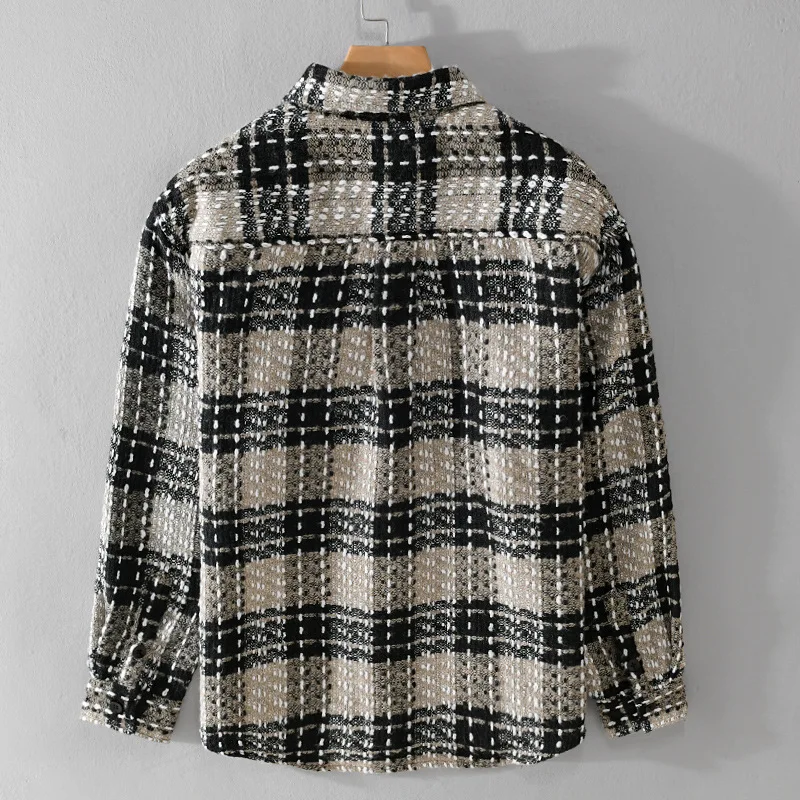Autumn Winter New Retro Chic Polyester 100% Shirts Men's Thick Clothing Casual Plaid Loose Pocket Lapel Men Long Sleeve Tops