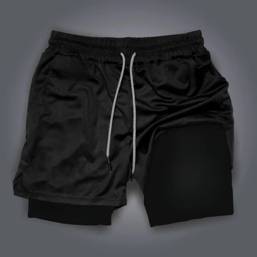 لعبة دراغون بول أنيمي مطبوعة طبقة مزدوجة السراويل 2025 الصيف الرجال جديد ضيق اللياقة البدنية التجفيف السريع تنفس 2 في 1 السراويل الرياضية