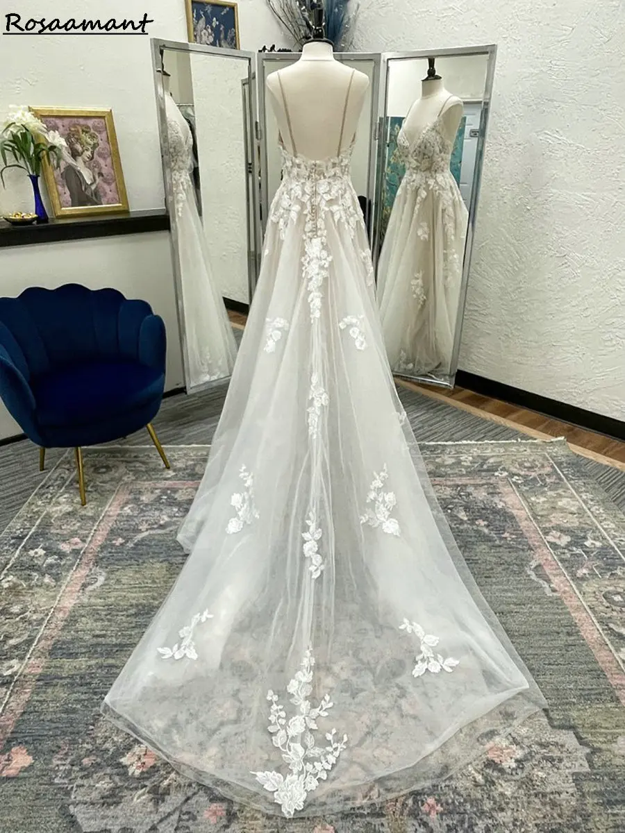 Gaun Pengantin A-Line Tali Spaghetti Ilusi Sederhana Gaun Pengantin Pedesaan Renda Applique Tanpa Lengan