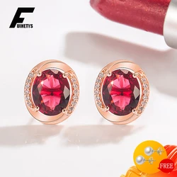 FUIHETYS Women Earrings 925 Silver Jewelry Accessories Oval Ruby Zircon Gemstone Stud Earrings for Wedding Party Gift Wholesale