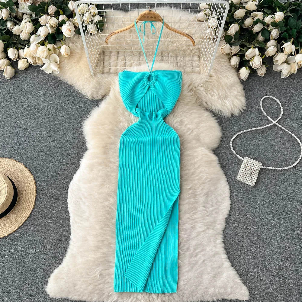 Fashion Hollow Out Sexy Dress Summer Halter Sleeveless Split Sundress Ladies Beach Backless Knitted Midi Dress