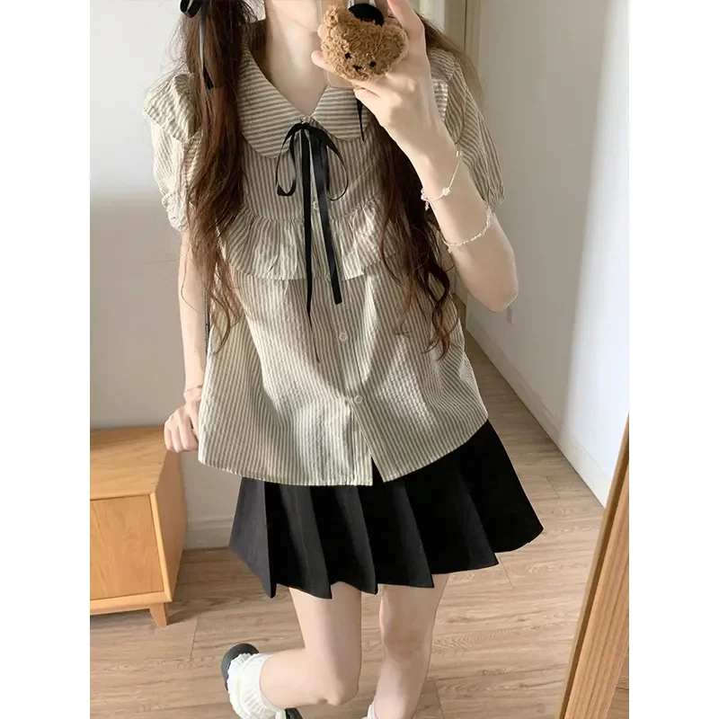 

Women's Beige Striped Blouse Polo Collar Tie Neck Short Puff Sleeve Casual Button-Down Top