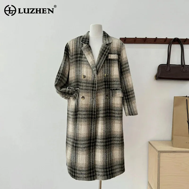 LUZHEN 2024 Autumn Winter New Long Woolen Plaid Printed Coat Women High Quality Fashion Elegant Loose Casual Windbreaker AA2123