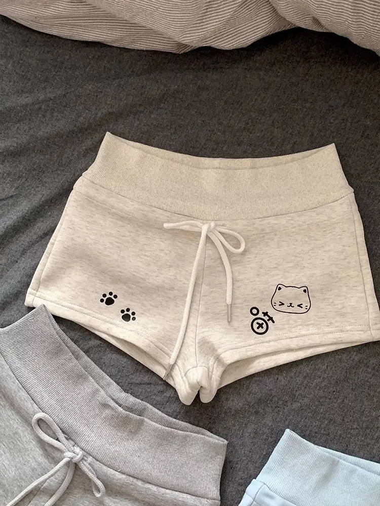 Japanese Sweet Shorts Kawaii Cute Cat Paw Print Shorts Women Multi Color Drawstring Waist Fitted Casual Sweat Shorts Outfits