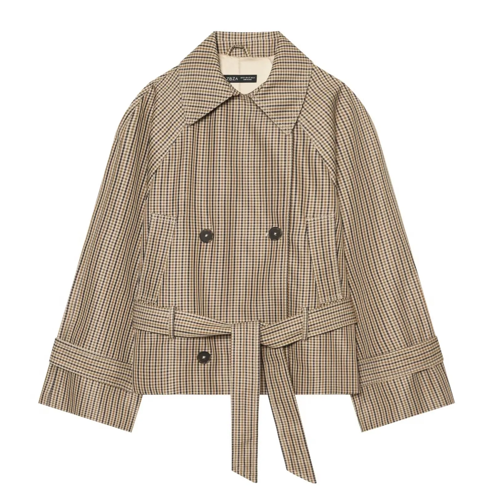 Schicker, lockerer Damen-Trenchcoat im Karomuster, Vintage-Stil mit Umlegekragen, doppelreihig, mit Schnürung, Damenjacke, Herbst 2026, neue Damenoberbekleidung – Detail 2