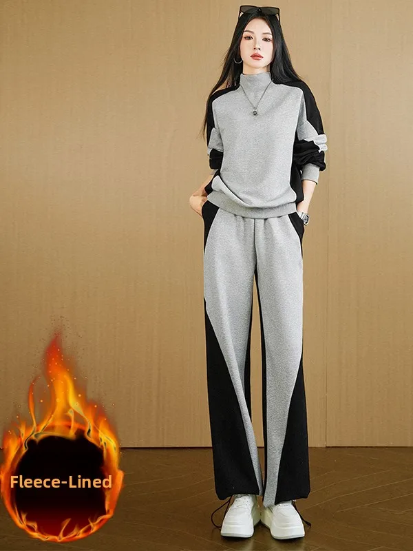 

Street Style Women's Winter Thickened Fleece Sweatshirt Wide Leg Pants Casual Two Piece Set Fashionable Trendy Long Sleeve