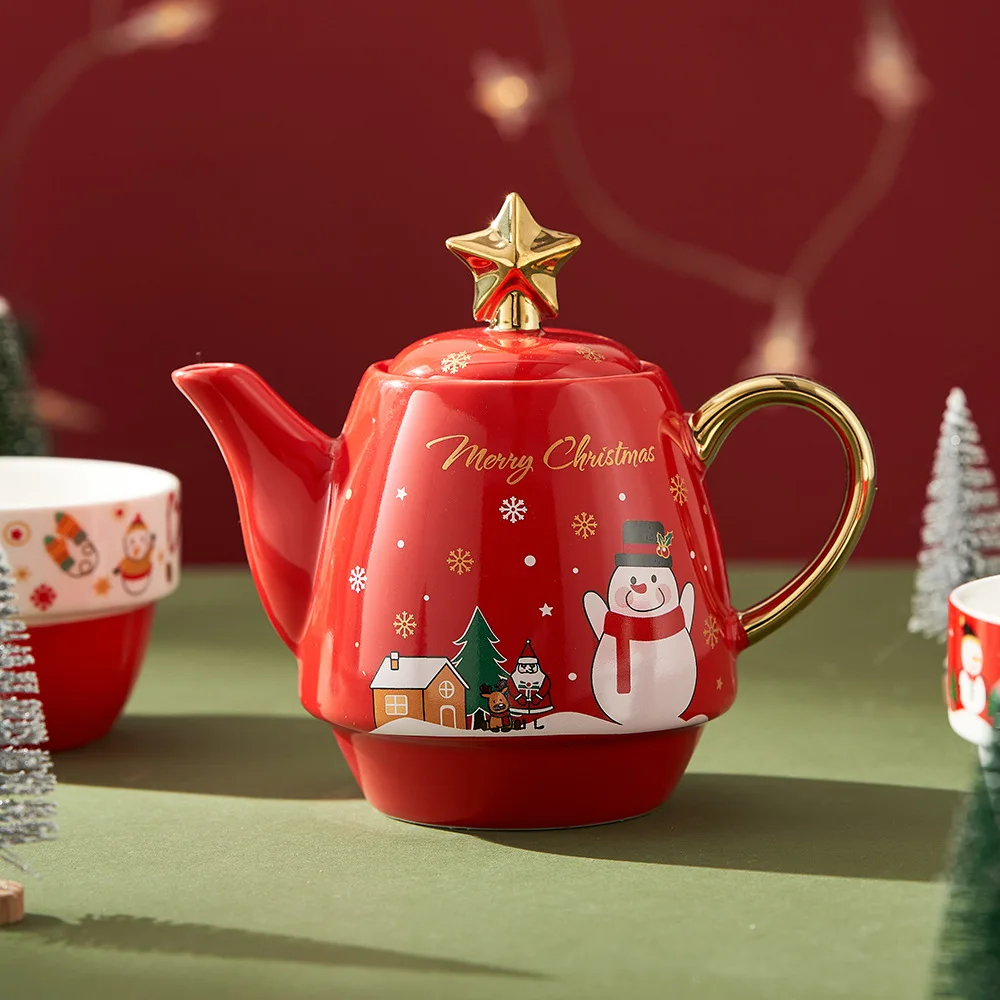 Christmas Teapot Mug Gift Decoration Set Drinkware Party Decoration Coffee Cup with Lid Cartoon Cute Ceramic Mug Tea Cup