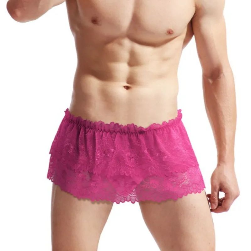 

Men Crossdressing Sissy Lace Lingerie Skirted Panties Low Waist Mesh Sheer G-string Bugle Pouch Thong Gay Night Bikini Underwear