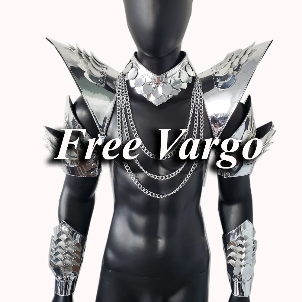 

Burning Man Holographic Silver Dragon Scale Armor,Festival Choker Cape with Chain,Rave Shoulder Pads Carnival Outfit Costume