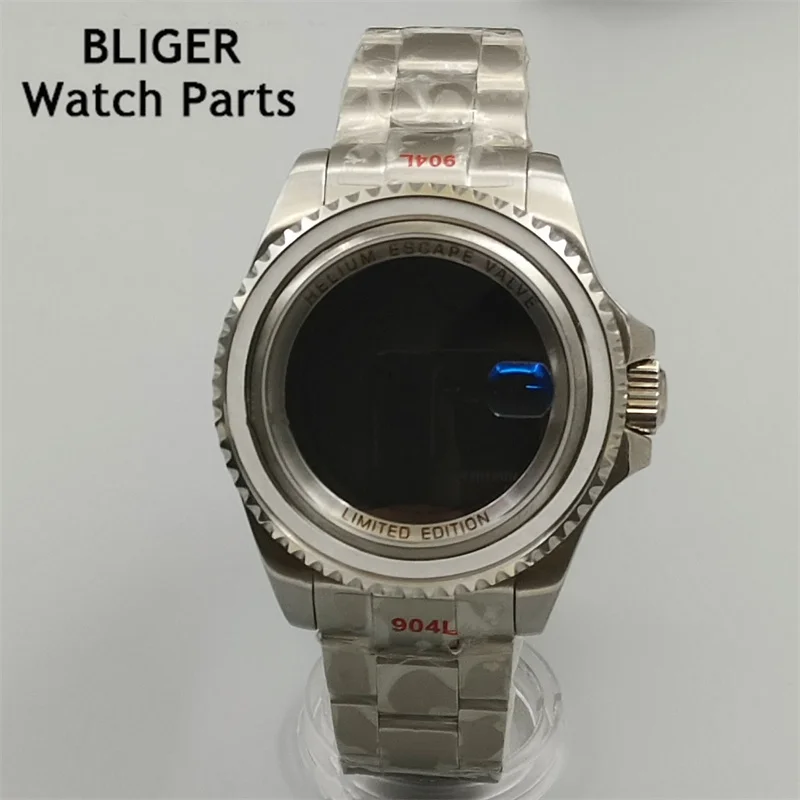 BLIGER 44mm silver watch case sapphire glass fit NH35 NH36 NH34 ETA2824 2836 Miyota8215 Mingzhu DG2813 3804 PT5000 movement