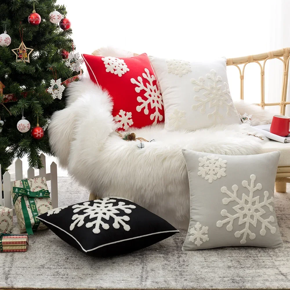 Christmas Décor Cushion Cover Snowflake Blue Red Beige Black White Pillowcase Cotton Square Embroidery Pillow Cover 45x45cm