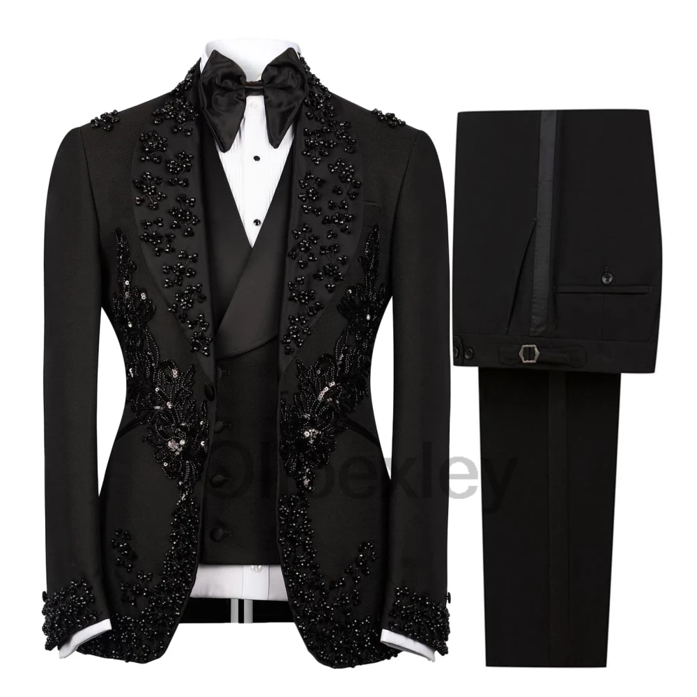 Olibexley Exquisite Men Suit for Wedding Three Piece Crystal Beaded Applique Shiny Groom Suit Tuxedo Jacket Pants Customized S02
