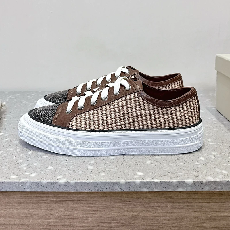 Scarpe basse con fondo spesso con lacci e perline Scarpe casual con design intrecciato in vera pelle Scarpe da passeggio autunnali primaverili unisex
