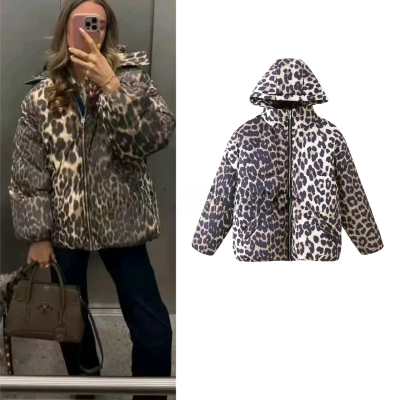 

Detachable Hat Zipper Style Long Sleeve Stand Collar Winter New Women's Fashion Short Cotton Coat Leopard Print Ladies Jacket