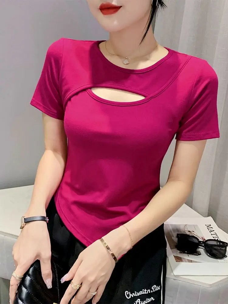 

Sexy Hollow out Short Sleeve Top Women's Fashion Design Slim Fit Casual round Neck T-Shirt Korean Style Summer New Arrival