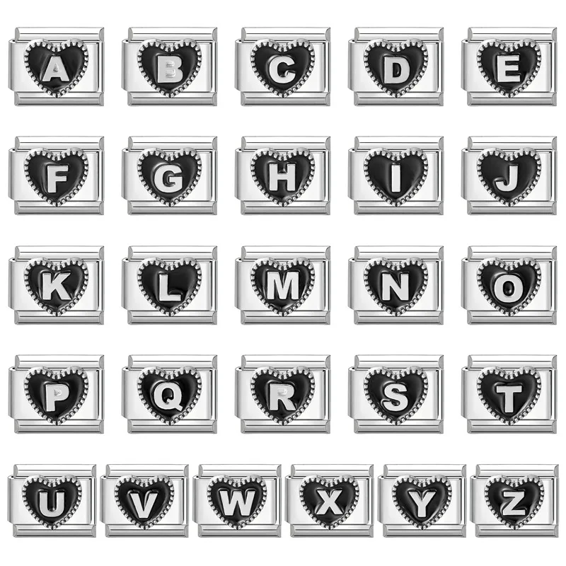 2026 Fashion Black Heart 26 English Letters A-Z Capital Italian Charm Link Fit 9mm Stainless Steel Bracelet Women Men DIY Making
