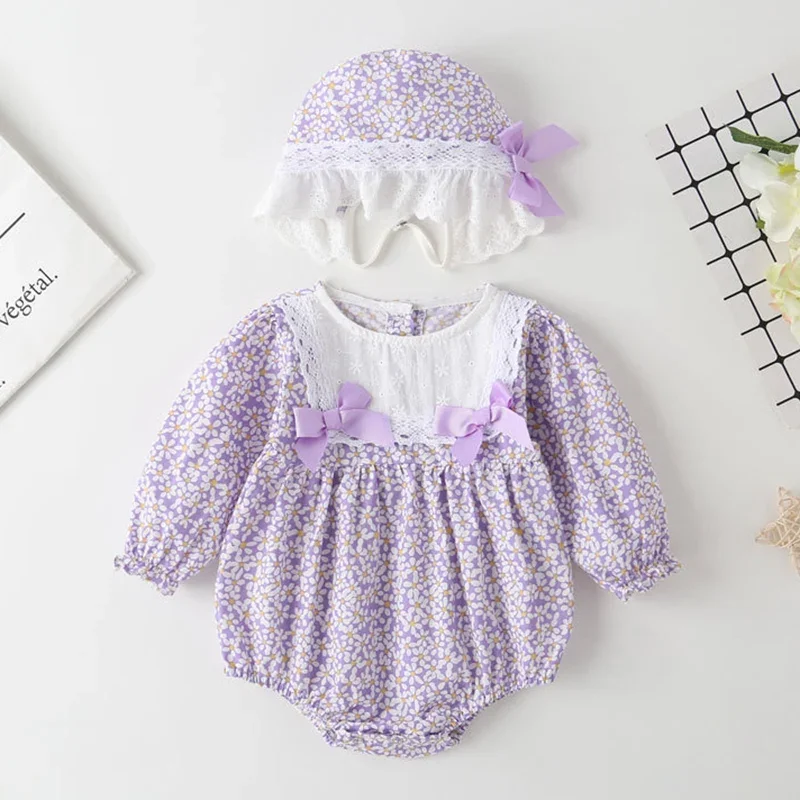 2026 Nowa Wiosenna Kombinezon dla Niemowląt Dziewczęcych z Kapeluszem, Długi Rękaw, Bawełniany Nadruk, Pajacyk dla Niemowląt Dziewczynek 0-24M, Ubrania Dziecięce