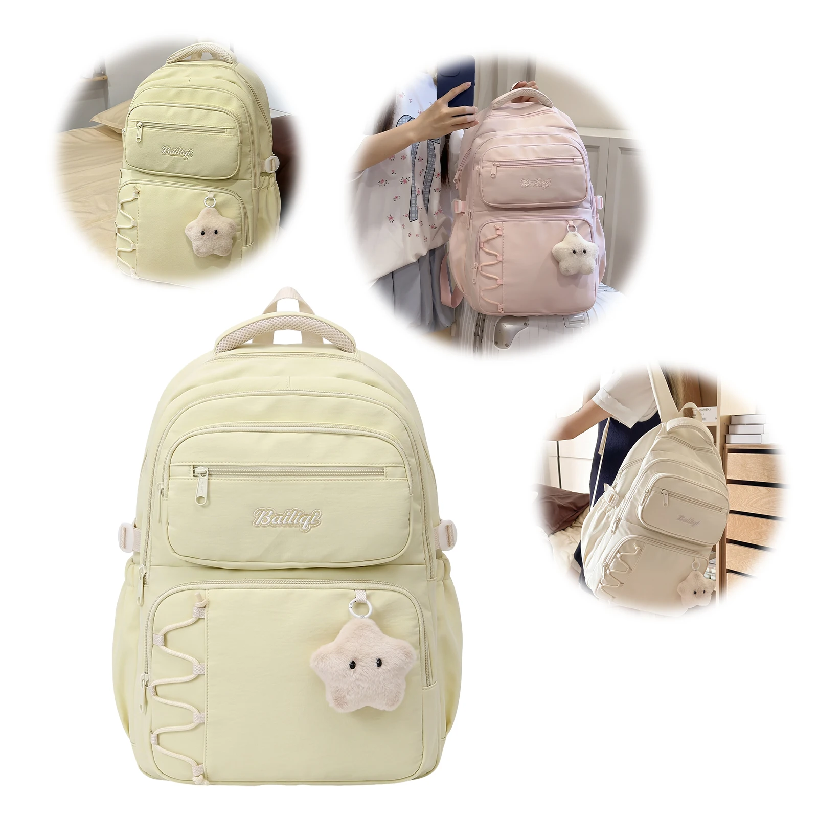 Women Backpack Lightweight Korean Style Nylon Multi-Pocket Travel Daypack Cute
