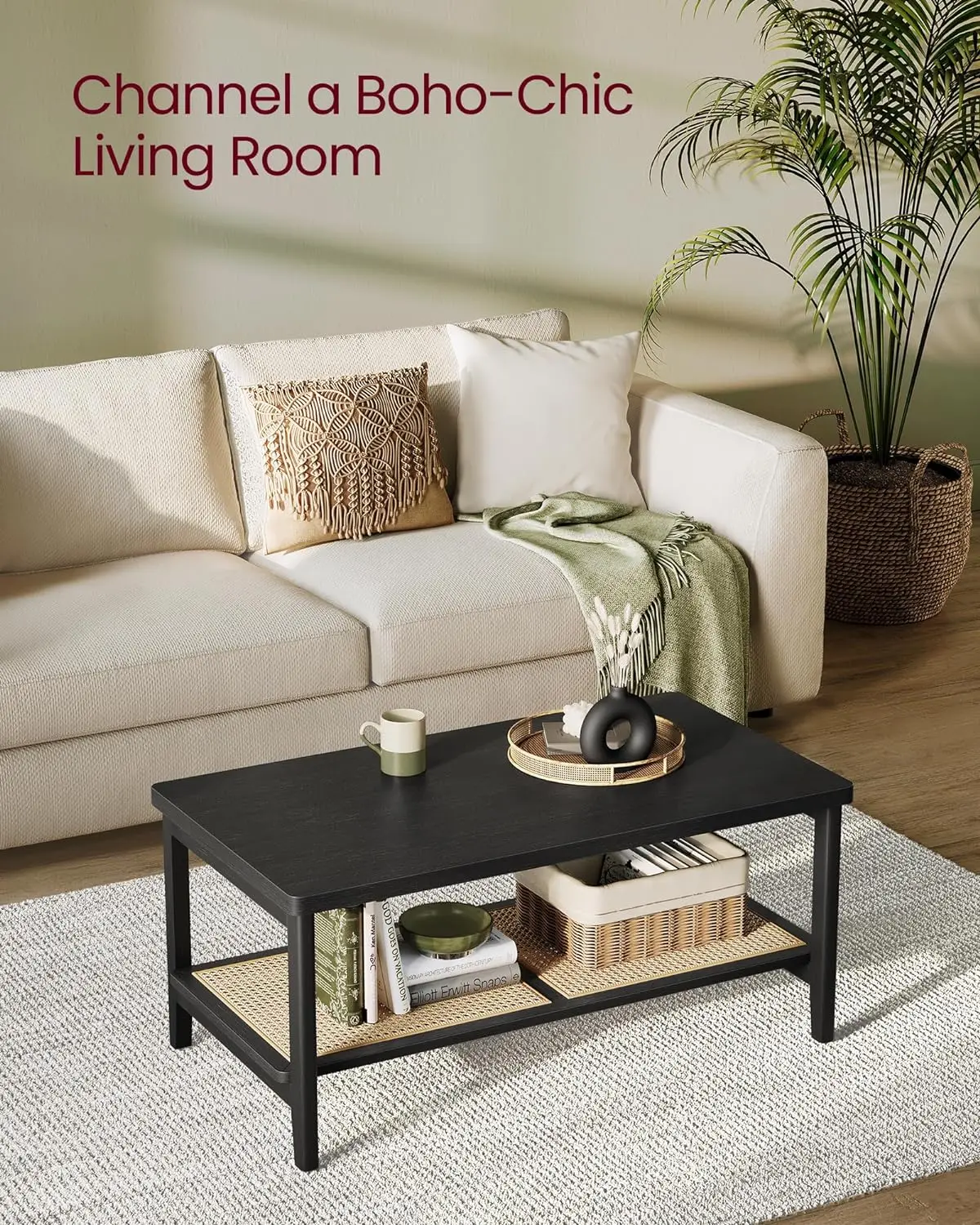 Comfort Corner 2-Tier Coffee Table for Living Room, Living Room  with PVC Rattan Storage Shelf, Rounded Corners, Easy Assembly