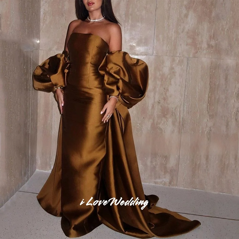 Gold Strapless Evening Dresses 2025 Satin Puffy Sleeves Mermaid Floor-Length Sweep Train Pleated Wedding Party Dress Customized