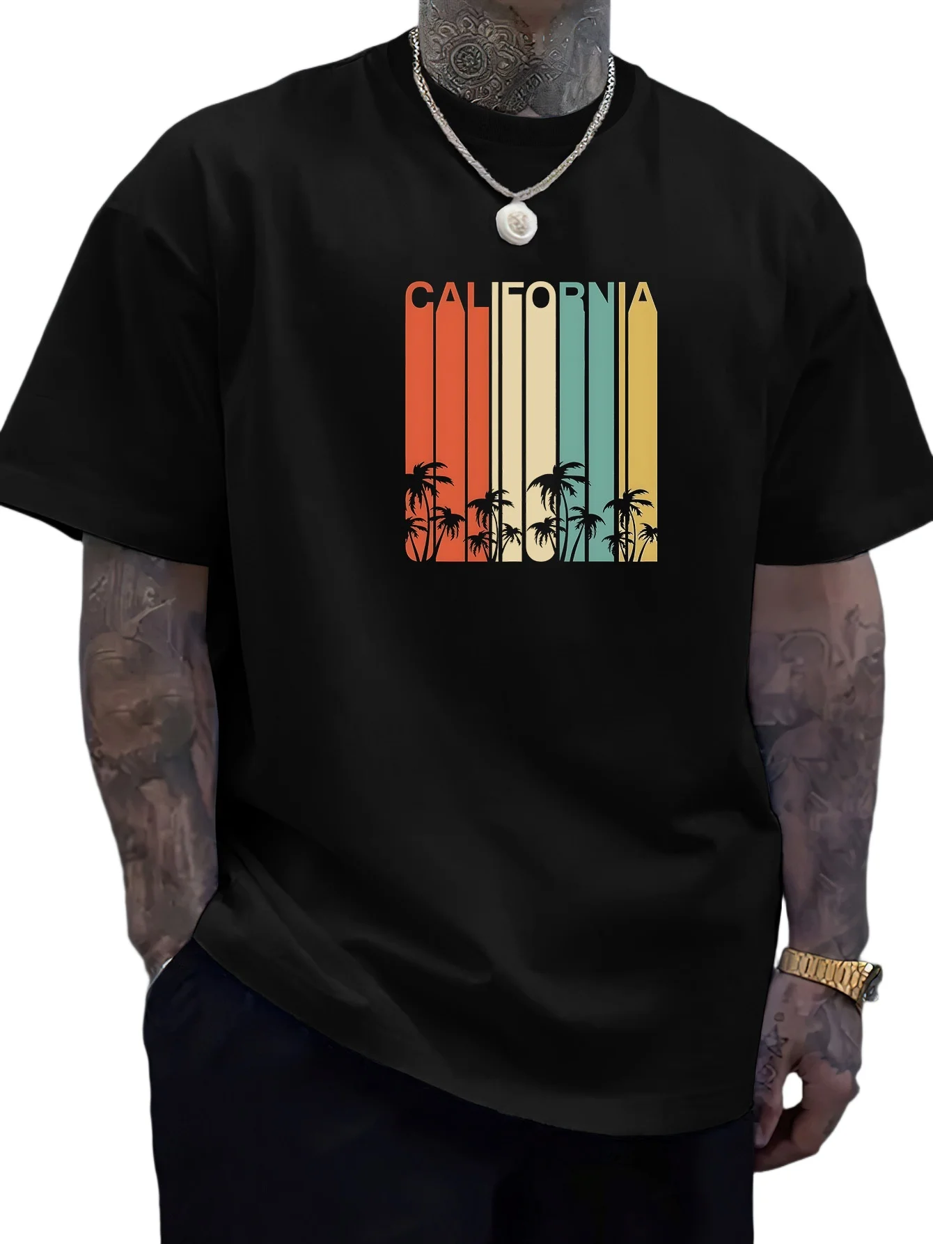 

California Palm Tree Graphic Print T-Shirt for Men Polyester Casual Crew Neck Tee with Slight Stretch RibKnit Detail Regular Fit