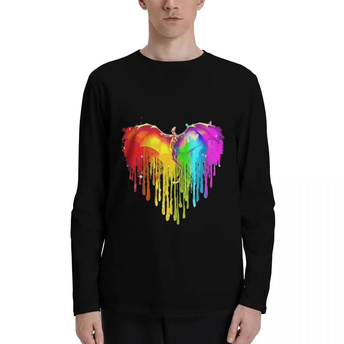 Dragon LGBT Heart Aquerello Elegante camiseta de manga larga para hombre, tela duradera, ajuste relajado, perfecta para cualquier ocasión casual.