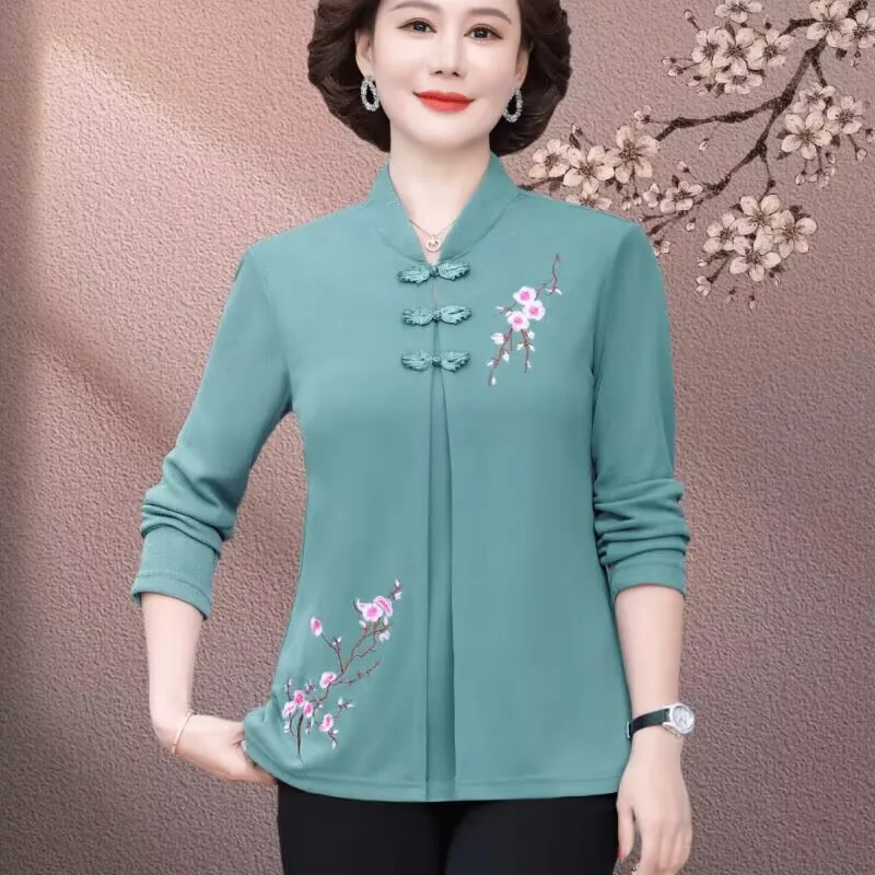 Spring Women Fake Two Items Top Korean Lady Large Size 5XL Embroidery Coat 2025 Middle Aged Mother Fashion Solid Color T-shirt
