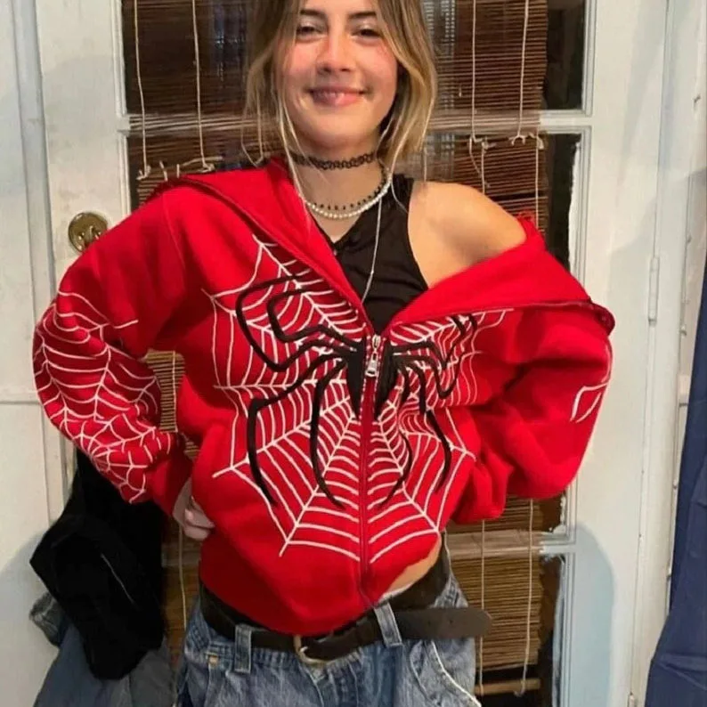 Y2K Spider Web Graphic Zip Up Hoodie Oversized Fleece Hooded Jacket Unisex Vintage Streetwear Spring Autumn Casual Outerwear Coa