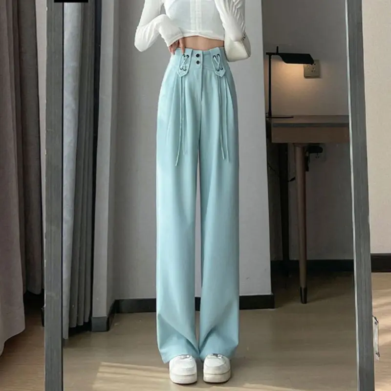 Fashion Elastic Lace Up Folds Solid Color Straight Casual Pants Female Clothing 2024 Summer Loose Korean High Waist Trousers