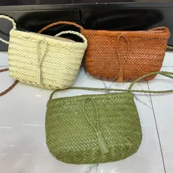 Vintage fringe Weave Genuine Leather Handbag Feminine Handmade Woven Bucket With Cotton Pockets Shopping Bags