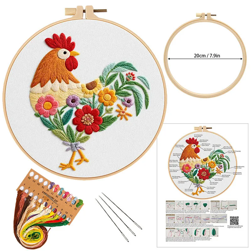 Funny Animal Embroidery Kits for Beginners,Cross Stitch Kit for Adults,DIY Needlepoint with Hens and Flower Pattern Handy Sewing