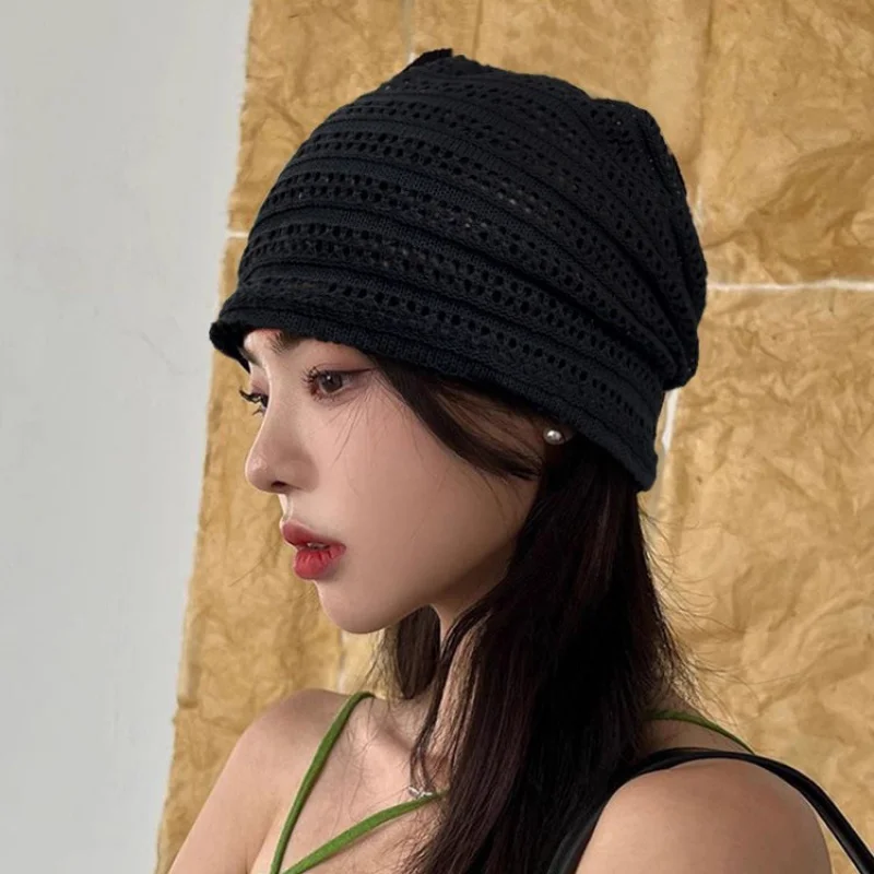 Women's Summer Hollow-Out Breathable Cold Hat Thin Baggy Cap Female Sunshade Wrap Cap Stylish Outdoor Shade Accessory
