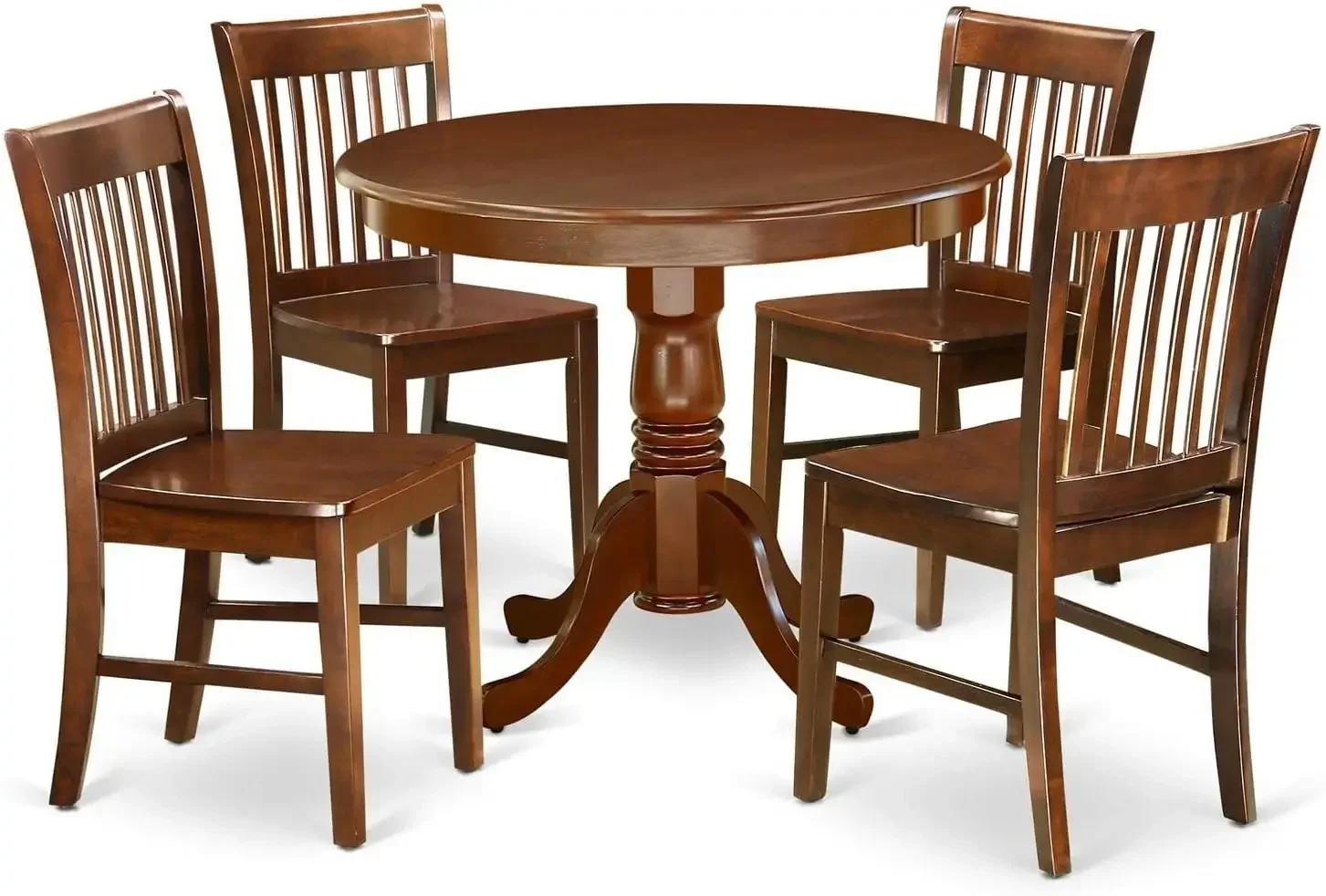 5 Piece Dining Set Includes a Round Dining Room Table with Pedestal and 4 Wood Seat Chairs, 36x36 Inch, Mahogany