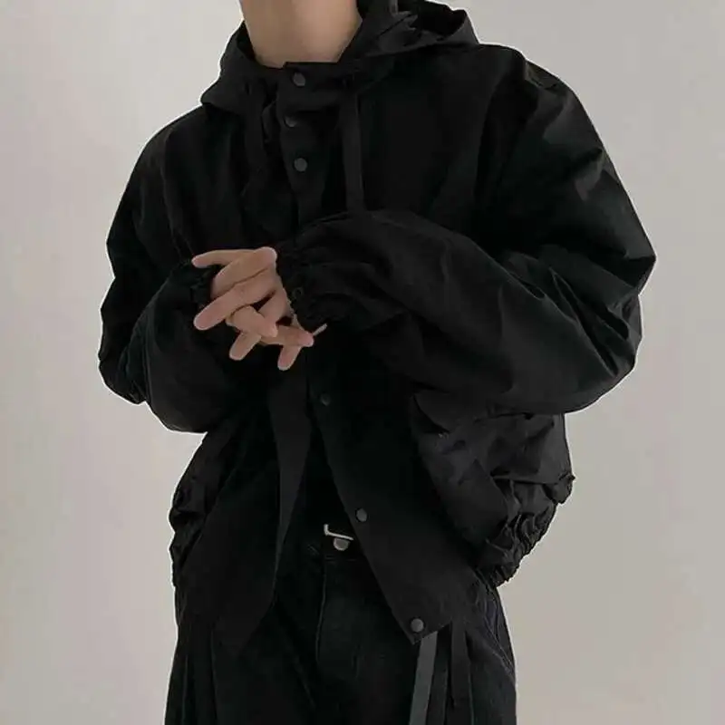 

Новый стиль, куртка с капюшоном, весенние свободные трендовые куртки-карго на молнии, однотонная модная повседневная мужская одежда